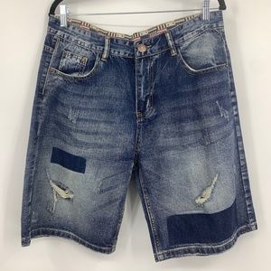 Classic Fashion Jeans mens 34 shorts denim blue distressed Bermuda holes‎ NEW
